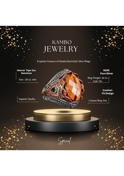 Doğal Taş El Yapımı Yüzük - 925 Ayar Gümüş Şık Yüzük (Kaplan Gözü) fiyatları