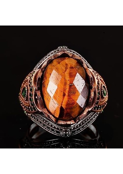 Doğal Taş El Yapımı Yüzük - 925 Ayar Gümüş Şık Yüzük (Kaplan Gözü) fırsatları
