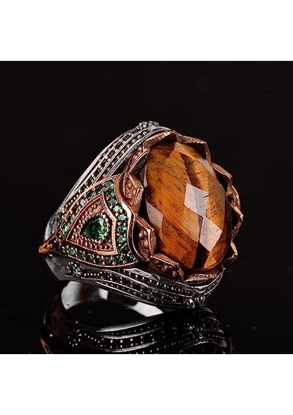 Doğal Taş El Yapımı Yüzük - 925 Ayar Gümüş Şık Yüzük (Kaplan Gözü) indirimleri