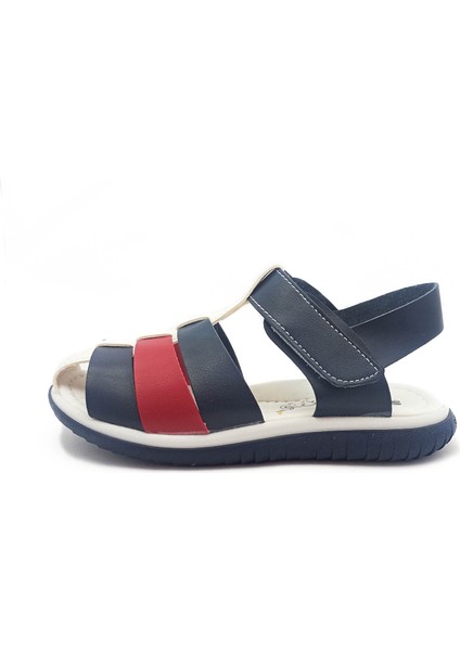 Şirin Genç Ortopedik Taban Lacivert-Beyaz Renk Kafes Model Cırtlı Erkek Çocuk Sandalet modelleri