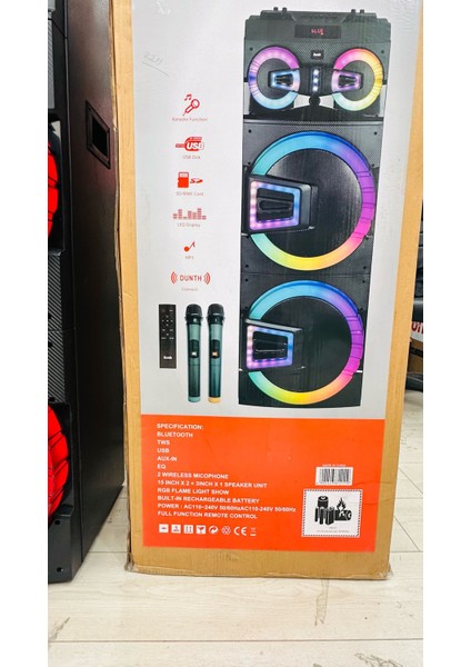 SP2211 Bluetooth,usb,aux In, X-Bass, Eq,tws, LED Rgb, 2 Wireless Mic, 15 "*2+8'' ,120W ,130X45X40 cm