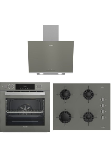 Gri Üçlü Buhar Destekli Cam Ankastre Set (Afc 342 G + Ocd T 651 Eg + Ade 606-2 G)