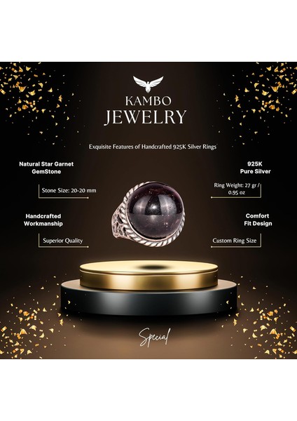 925 Ayar Gümüş Erkek Yüzük Doğal Yıldız Garnet Taşı - Nadir Işlenmemiş Garnet Kaboşon fiyatları