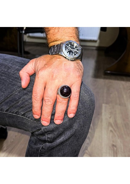 925 Ayar Gümüş Erkek Yüzük Doğal Yıldız Garnet Taşı - Nadir Işlenmemiş Garnet Kaboşon modelleri