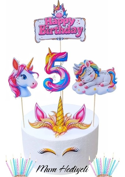 5 Yaş Unicorn Pasta Süsü - 5 Yaş Unicorn Doğum Günü Konsepti - Unicorn Kürdanlı Pasta Süsü