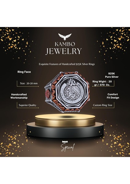 Sekizgen Tasarım - Yüzük - El Yapımı 925 Ayar Gümüş Takı (Kelimei Tevhid) fiyatları