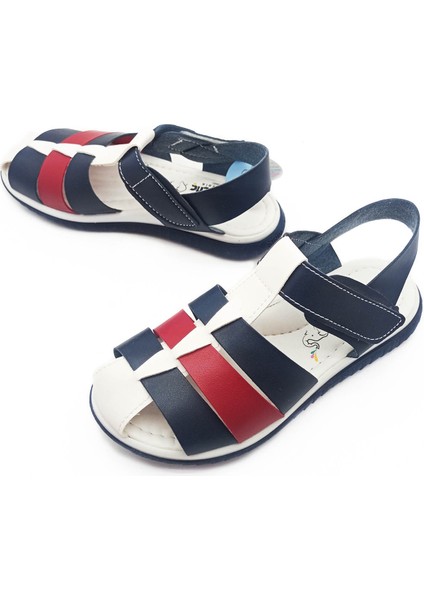 Şirin Genç Ortopedik Taban Lacivert-Beyaz Renk Kafes Model Cırtlı Erkek Çocuk Sandalet