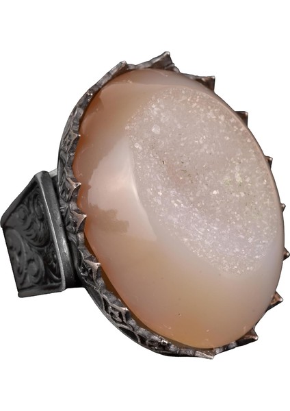 Erkekler Için 925 Ayar Gümüş Yüzük, Doğal Druzy Kuvars Taşı, Büyük Erkek Yüzük