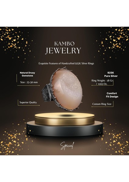 Erkekler Için 925 Ayar Gümüş Yüzük, Doğal Druzy Kuvars Taşı, Büyük Erkek Yüzük fiyatları
