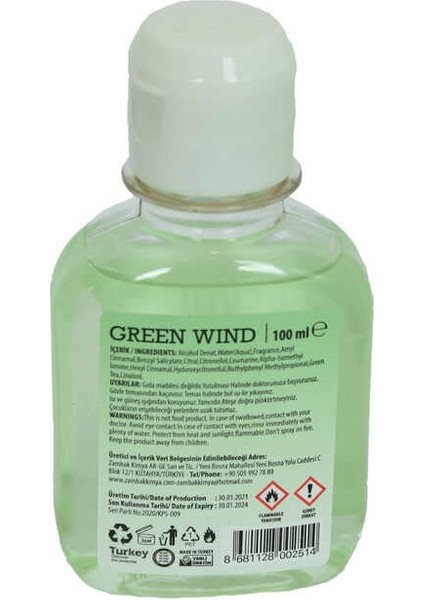 Yeşil Çaylı Kolonya Green Wınd Eau De Cologne 80 Derece 100 ml
