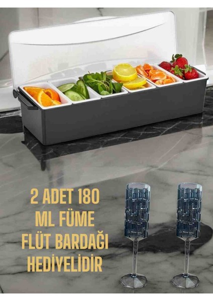 6 Gözlü Sunumluk,kuruyemişlik,konteynır Bar ( 2 Adet 180 ml Füme Polikarbon Plastik Bardak Hediyeli )