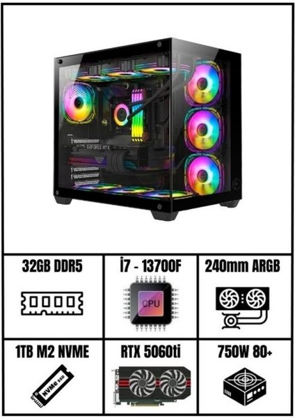 RMT1804 I7 13700F / 32GB Ddr5 Ram / 1tb M2 Nvme / Rtx 5060TI Masaüstü Gaming Oyuncu Bilgisayarı