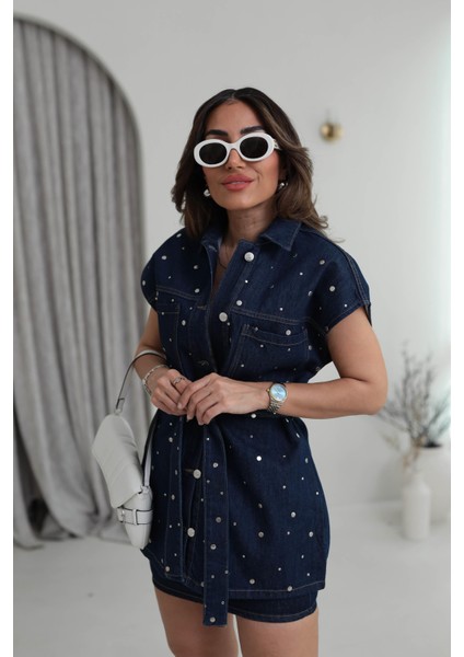 Levure Kadın Zımba Detaylı Kuşaklı Oversize Kot Yelek
