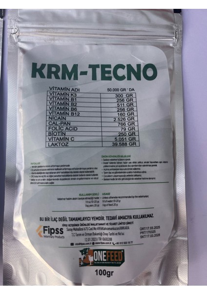 Kanatlı Vitamini Krm-Tecno Kanatlı Hayvan -Civciv Tavuk Kaz Ördek Bıldırcın Vitamini 100GR