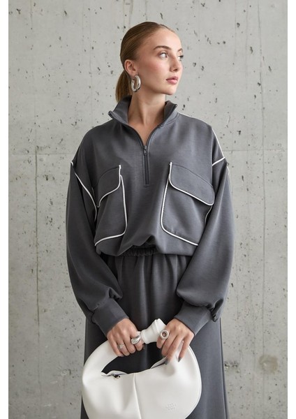 Füme Biyeli Sweatshirt ve Etek Takım