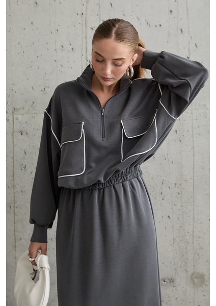 Füme Biyeli Sweatshirt ve Etek Takım