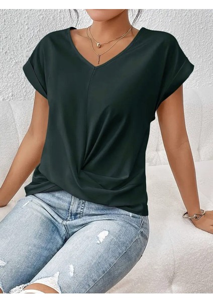 Kadın Kısa Kollu V Yakalı Önden Çapraz Geçmeli Detay Viskon Bluz fiyatları