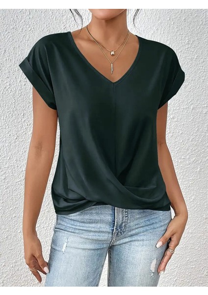 Kadın Kısa Kollu V Yakalı Önden Çapraz Geçmeli Detay Viskon Bluz fırsatları