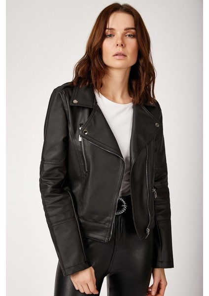 1025 Suni Deri Biker Ceket - Siyah