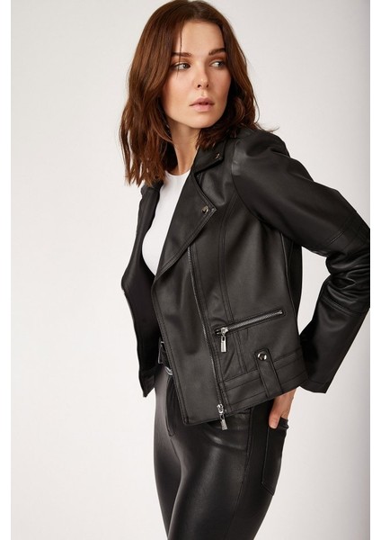 1025 Suni Deri Biker Ceket - Siyah