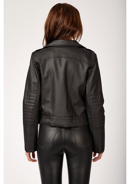 1025 Suni Deri Biker Ceket - Siyah