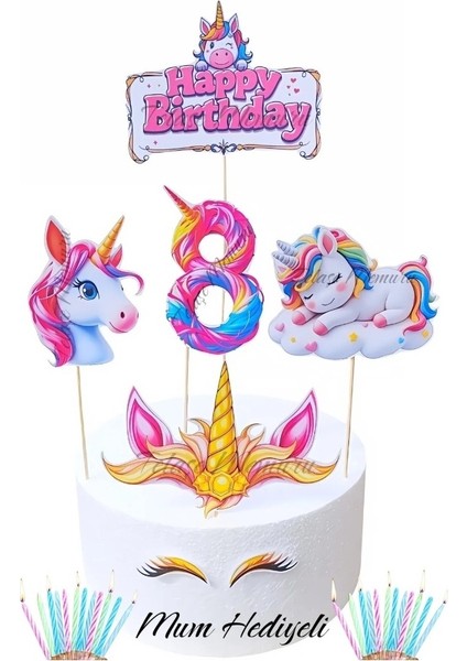 8 Yaş Unicorn Pasta Süsü - 8 Yaş Unicorn Doğum Günü Konsepti - Unicorn Kürdanlı Pasta Süsü