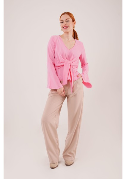 Üçaymoda Ön Bağlamalı Volan Kol Pembe Bluz