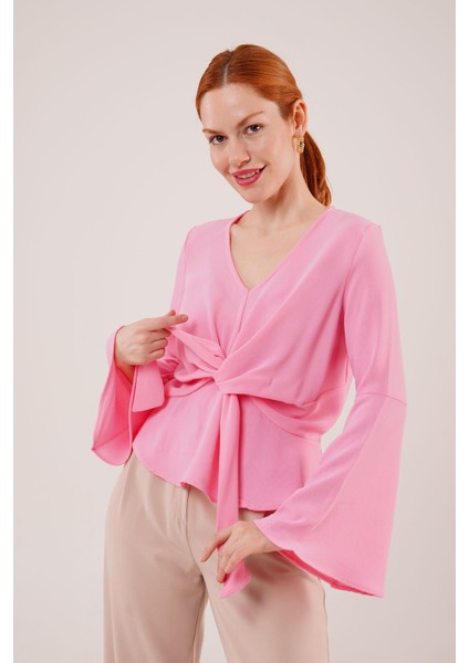Üçaymoda Ön Bağlamalı Volan Kol Pembe Bluz