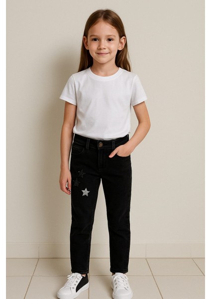 Yıldız Baskılı Kız Çocuk Jean Siyah