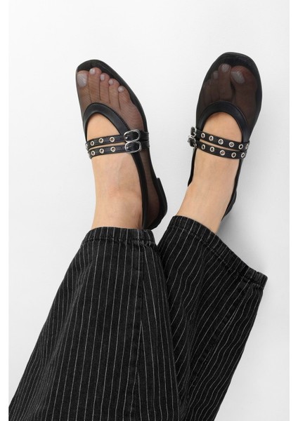 Kadın Melu Siyah Tül Çift Tokalı Babet