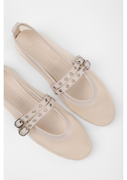 Kadın Melu Ekru Tül Çift Tokalı Babet