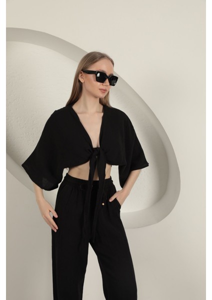 Müslin Kumaş Kimono-Siyah