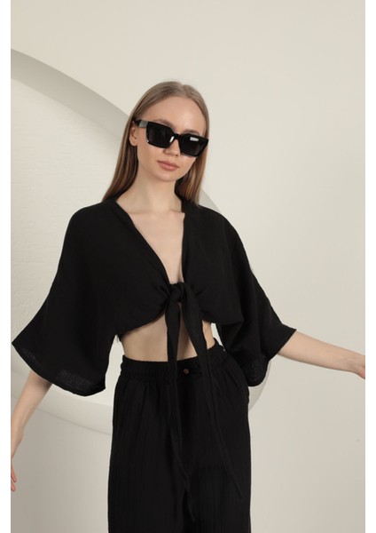 Müslin Kumaş Kimono-Siyah fırsatları