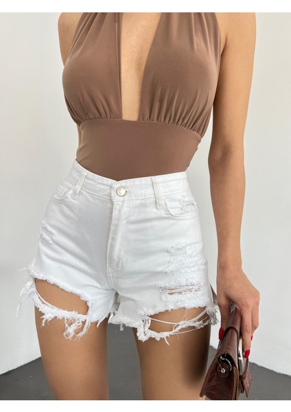 Yıkamalı Lazer Yırtıklı Mini Denim Şort fırsatları