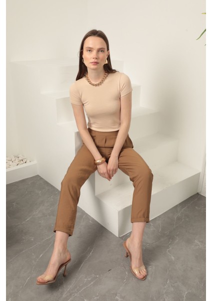 Modal Kumaş Duble Paça Kadın Pantolon-Kahve