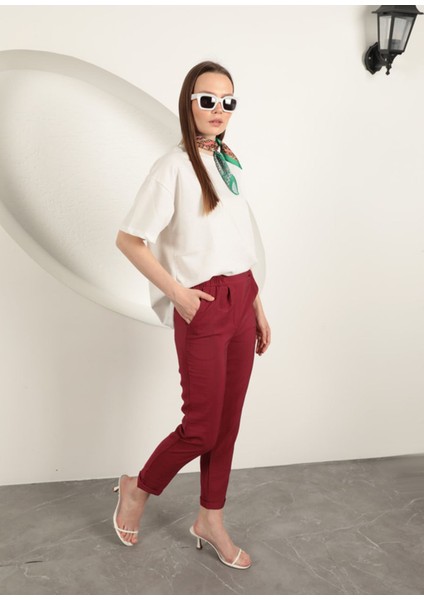 Modal Kumaş Duble Paça Kadın Pantolon-Bordo fırsatları