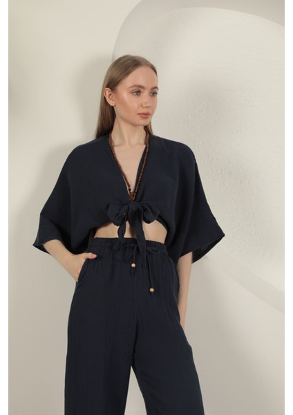 Müslin Kumaş Kimono-Lacivert