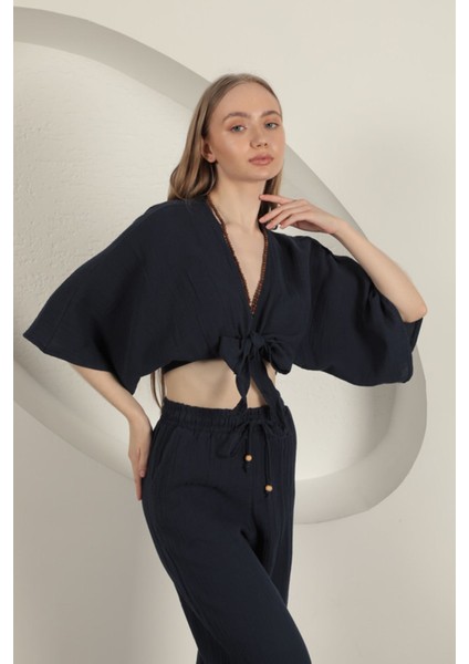 Müslin Kumaş Kimono-Lacivert modelleri