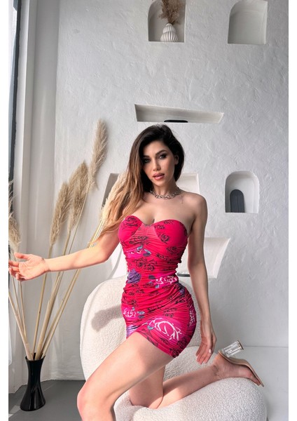 Çiçek Desenli Drapeli Mini Dilber Elbise