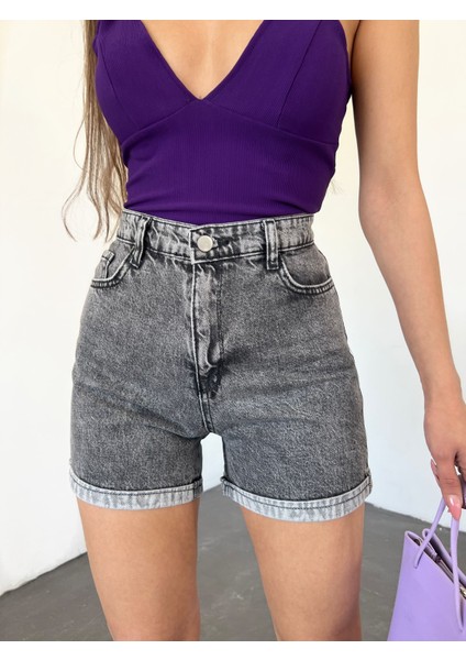 Duble Paça Yıkamalı Denim Şort