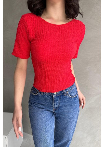 Sırt Dekolteli Basic Gofre Bluz modelleri