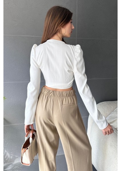Kruvaze Yaka Beli Kuşaklı Crop Bluz