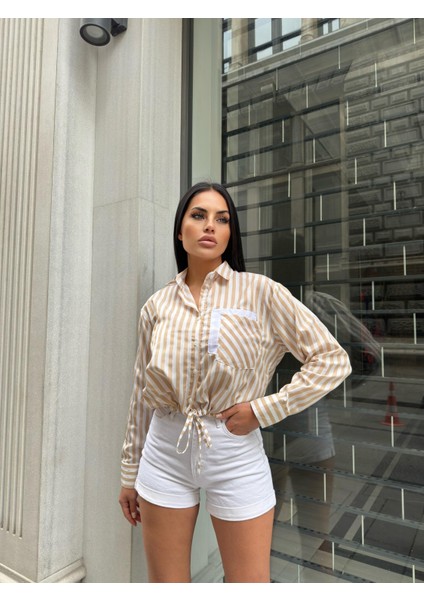 Tek Cep Çizgi Detaylı Crop Poplin Gömlek