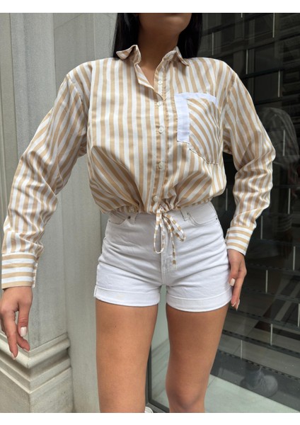 Tek Cep Çizgi Detaylı Crop Poplin Gömlek
