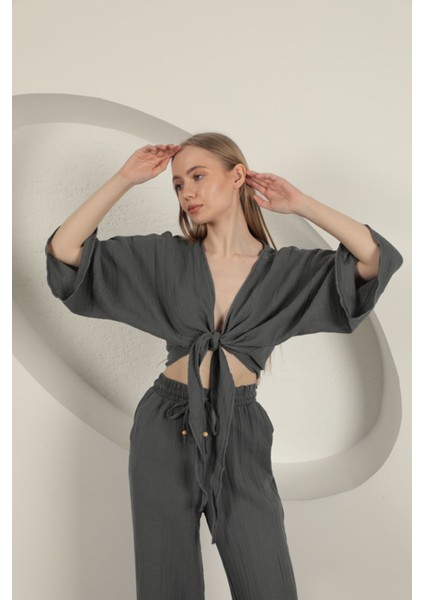 Müslin Kumaş Kimono-Antrasit fırsatları