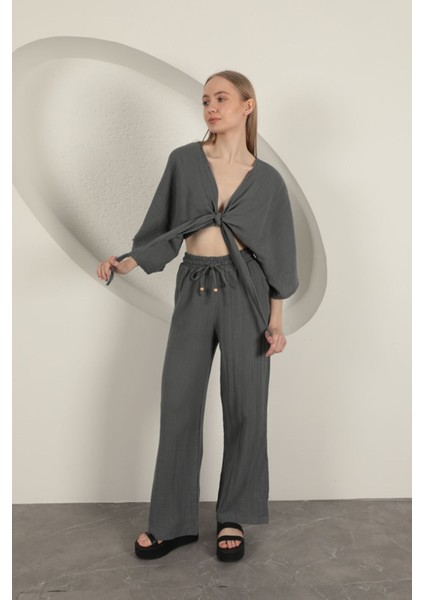 Müslin Kumaş Kimono-Antrasit indirimleri