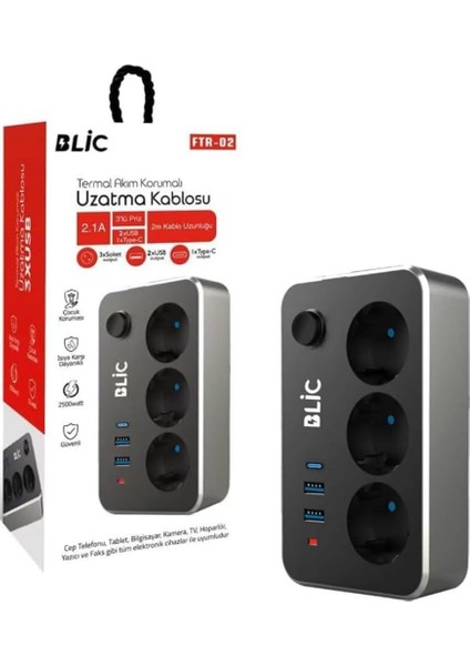 Korumalı Priz, 3x Priz Soketi, 2x USB Girişi, 1x Type-C Girişi, Tasarruflu Uzatma Kablosu, Çocuk Korumalı Adaptör (2 Metre)