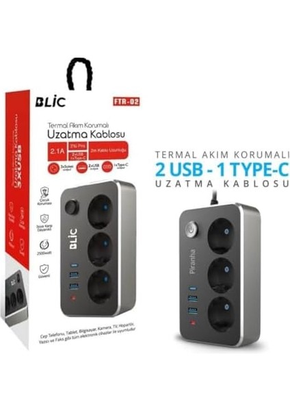 Korumalı Priz, 3x Priz Soketi, 2x USB Girişi, 1x Type-C Girişi, Tasarruflu Uzatma Kablosu, Çocuk Korumalı Adaptör (2 Metre)