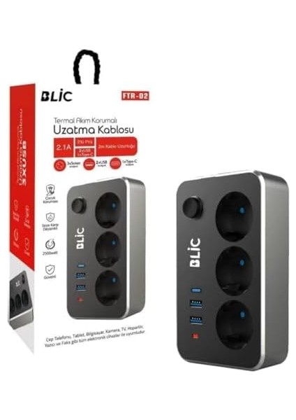 Korumalı Priz, 3x Priz Soketi, 2x USB Girişi, 1x Type-C Girişi, Tasarruflu Uzatma Kablosu, Çocuk Korumalı Adaptör (2 Metre)