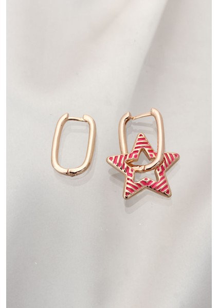 Fuşya Çizgili Gold Çelik Yıldız Küpe - Lisinya